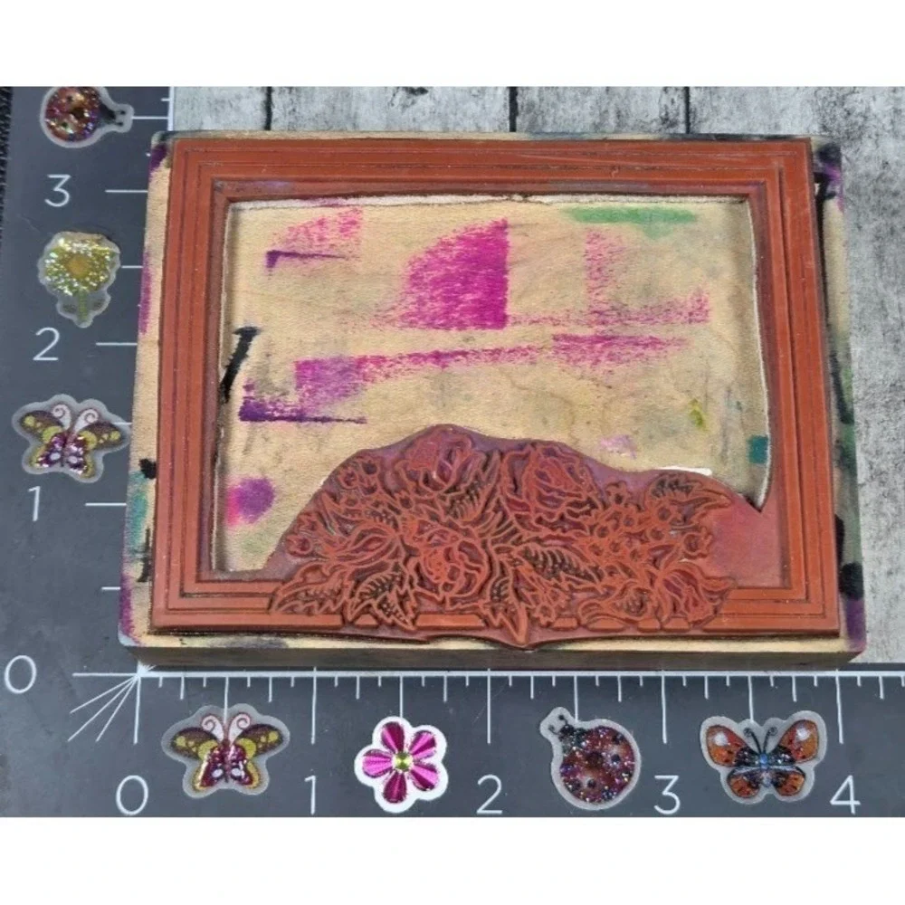Frame Flowers Double Lines Tag Blank Rubber Stamp Wood #P66